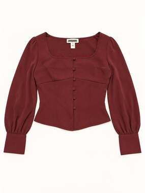 Open Edit Burgundy Corset Button Front Puff Sleeve Blouse Size S